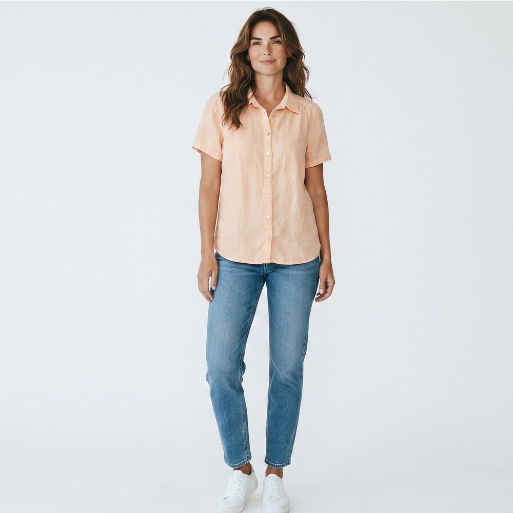 J. Jill Women Peach 100% Linen Short Sleeve Button Down Shirt Petite XS